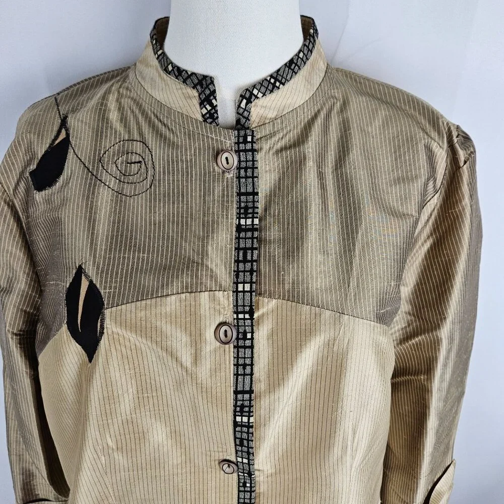 Canvasbacks Silk Blazer Jacket Medium Applique Gold Vintage Boho Artsy - Picture 2 of 10